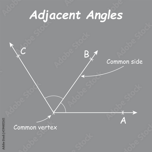 Adjacent angles in mathematics. Two angles with common vertex and side. Vector illustration isolated on grey background.