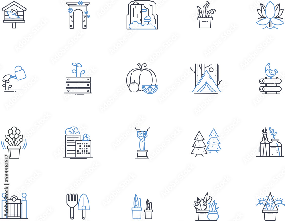 Landscape line icons collection. Serene, Majestic, Scenic, Picturesque, Tranquil, Verdant, Idyllic vector and linear illustration. Breathtaking,Peaceful,Rural outline signs set