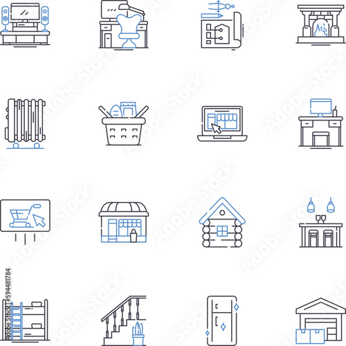 Bungalow line icons collection. Cozy, Rustic, Retreat, Secluded, Serene, Charming, Vintage vector and linear illustration. Relaxing,Peaceful,Tranquil outline signs set