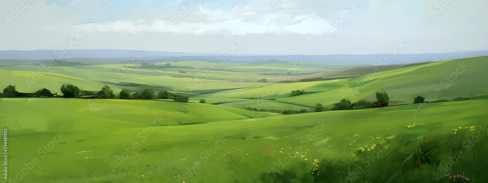 A Panoramic Meadows View of Countryside Serenity, The Lush Green Landscape of Farmland Tranquility