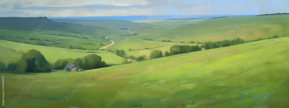 A Panoramic Meadows View of Countryside Serenity, beauty of a rural valley with rolling green meadows, a meandering path, and scattered farmhouses under a vast, cloud-streaked sky