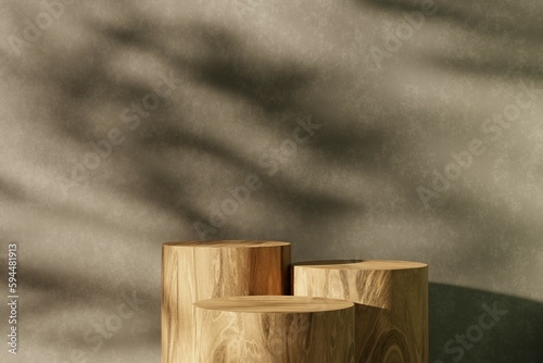 Premium podium display with leaf shadow, Cosmetics or beauty product promotion mockup. Natural stone step pedestal. Trendy minimalist banner, 3D render illustration.