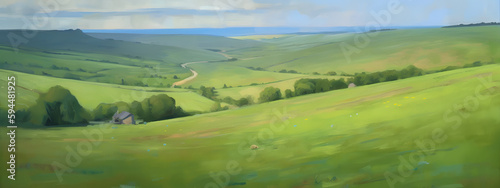 A Panoramic Meadows View of Countryside Serenity, beauty of a rural valley with rolling green meadows, a meandering path, and scattered farmhouses under a vast, cloud-streaked sky