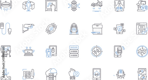 Implement machinery line icons collection. Automation, Mechanize, Manufacturing, Production, Assembly, Robotics, Efficiency vector and linear illustration. Innovation,Technical,Industrial outline