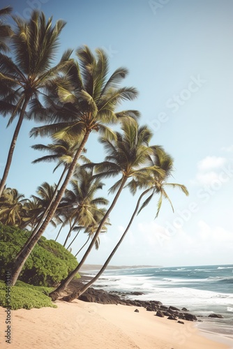 Palm trees by ocean beach in Hawaii. Generative AI Vertical shot