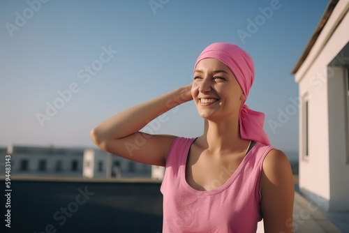 Strong woman wearing pink t-shirt and headscarf, breast cancer cancer survivor concept. Generative AI