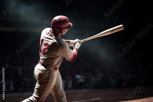 Baseball player swinging a bat at pitch in the stadium. Dark background. Generative AI