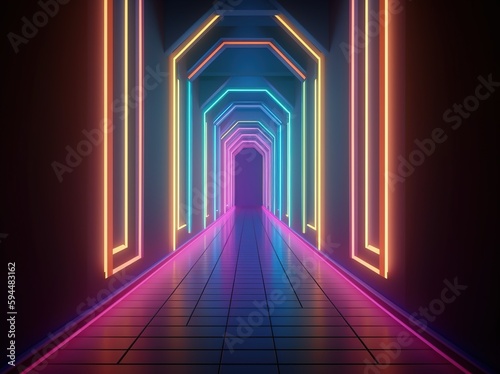 Tablou canvas Neon light hallway with fluorescent colors