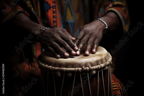 Close up shot of African musician hands playing djembe. Generative AI