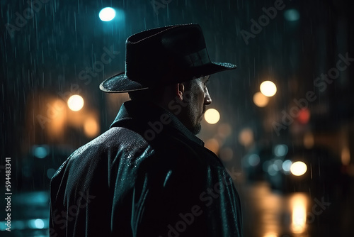 portrait of a male detective spy in hat and raincoat on street at night in rain. Generative AI