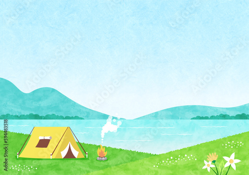 湖が広がるキャンプ場の風景 夏の水彩背景イラスト