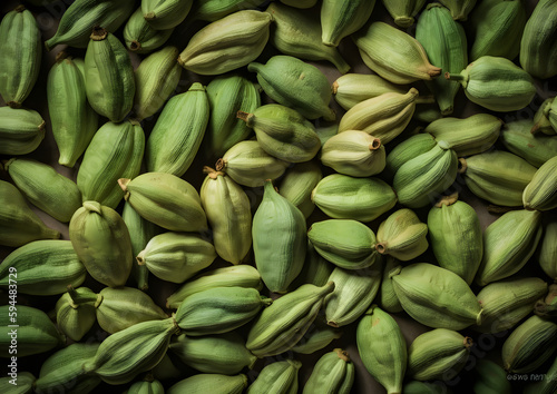 A close-up view of numerous green cardamom pods densely packed together, showcasing their unique texture and the subtle variations in their verdant hues