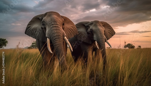 Elephants in a grassland ai, ai generative, illustration
