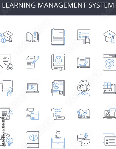 learning management system line icons collection. Website design, Customer service, Marketing strategy, Time management, Project management, Professional development, Business analytics vector and