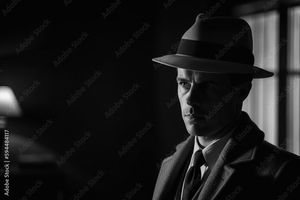 portrait of male mafia spy detective in a hat in style of noir films. Generative AI