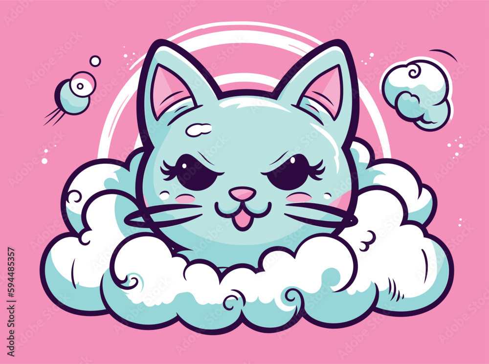 Kawaii Cloud Cat: A Playful Manga-inspired Feline with a Retro Twist