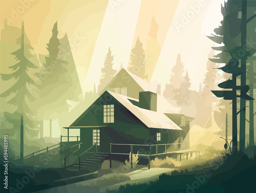 Charming Retreat: A Smokey Cottage Illustration with Crisp Angles and Clean Backgrounds
