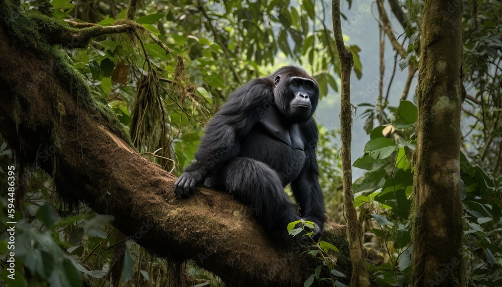 Gorilla sitting on a tree branch ai, ai generative, illustration