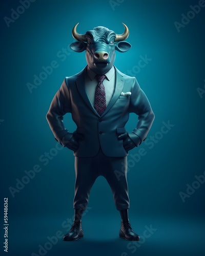 Wall Street Bull, a anthropomorphized bull wearing an expensive tailored suit standing as a titan of Wall Street. Represents a bull market with increased stock trading and prices. generative ai