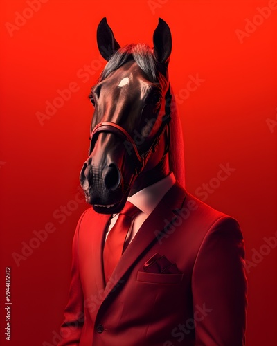 aanthropomorphism horse in a stylish blue business suit on blue background, an animal entrepreneur, business concept.