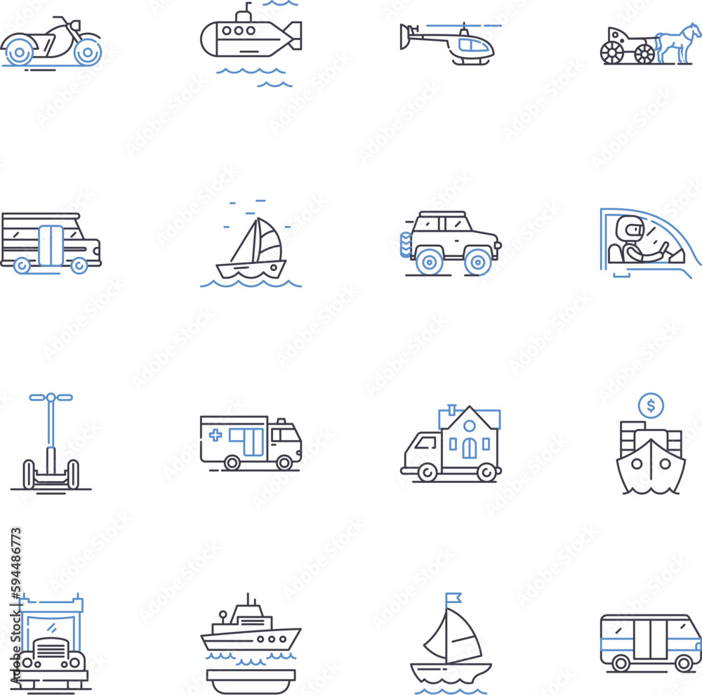 Transportation service line icons collection. Shuttle, Cab, Carpool, Bus, Rideshare, Taxi, Limousine vector and linear illustration. Van,Tram,Bike outline signs set