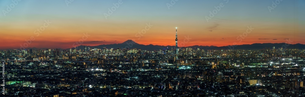 Cityscape of greater Tokyo area at magic hour.