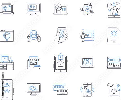 Electronic devices line icons collection. Smartph, Tablet, Laptop, Desktop, Smartwatch, Router, Headphs vector and linear illustration. Earbuds,Keyboard,Mouse outline signs set