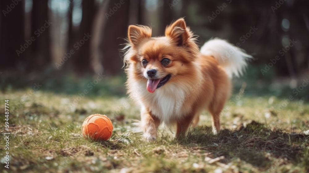 Small happy dog playing with pet toy ball at backyard lawn. Generative AI.