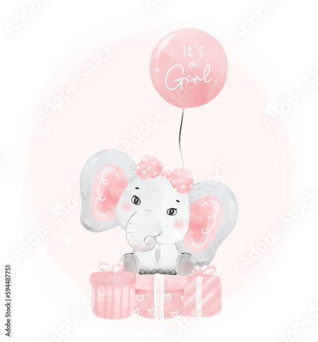 cute happy baby pink elephant girl birthday sit on birthday gift present boxes, it's a gril, adorable nursery birthday wildlife animal watercolur cartoon illustration