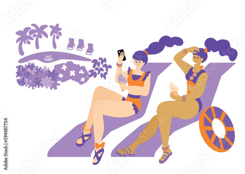 trip_travel_people_旅行を楽しむふたりの女性_水着_シンプルでお洒落なイラスト_risort