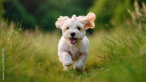 Playful happy cute smiling pet dog puppy running, jumping in the grass. Generative AI.