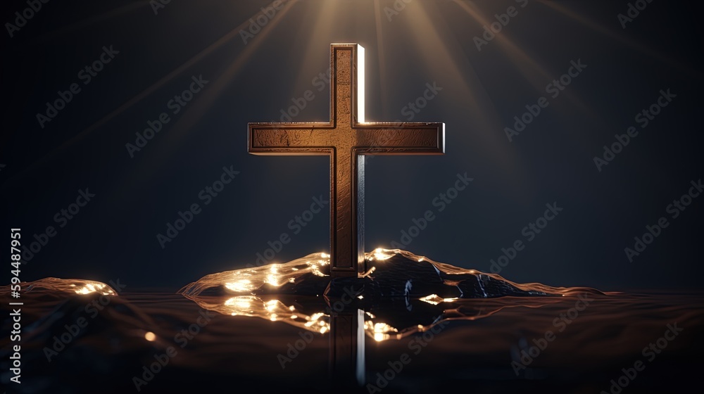 Christian cross on a dark background. 3D rendering.Generative Ai