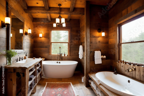 A rustic bathroom with wooden walls  a ceramic sink  and a mirror framed with antique wood. Generative AI