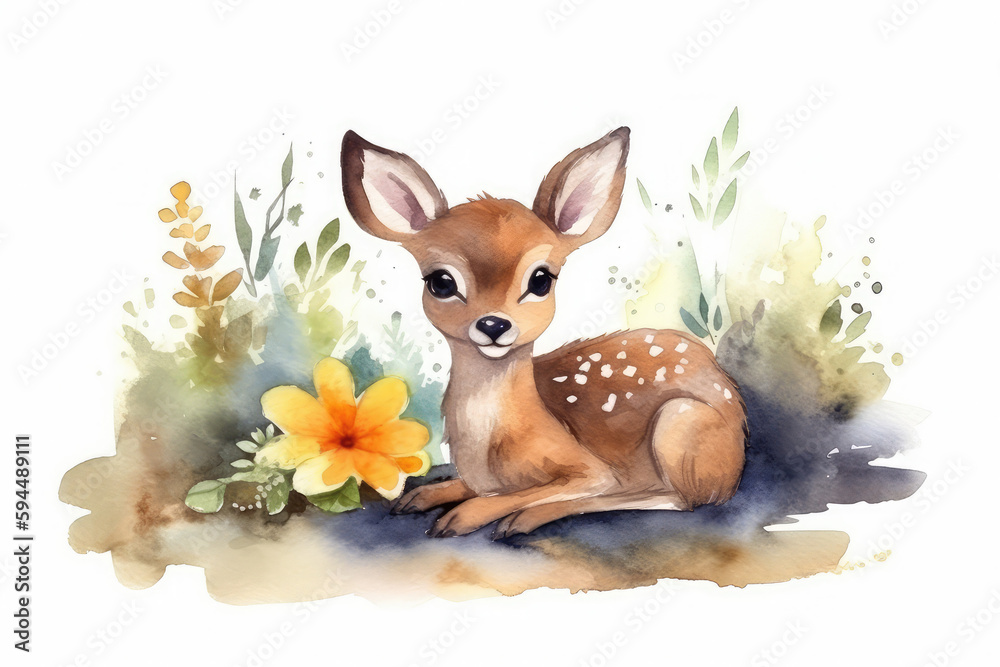 Watercolor forest cartoon isolated cute baby deer animal with flowers, generative AI