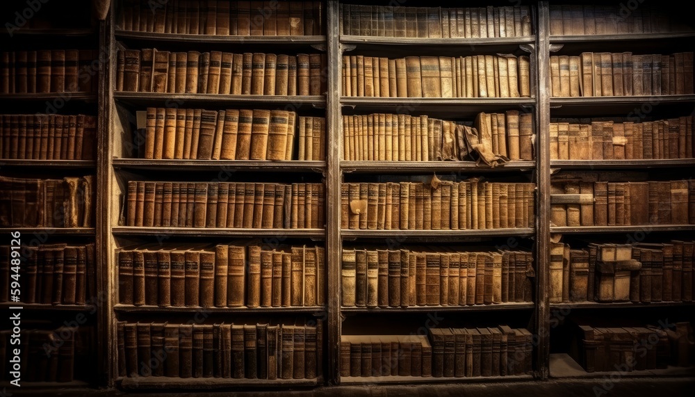 Ancient books on wooden shelves ai, ai generative, illustration Ancient books on wooden shelves ai, ai generative, illustration