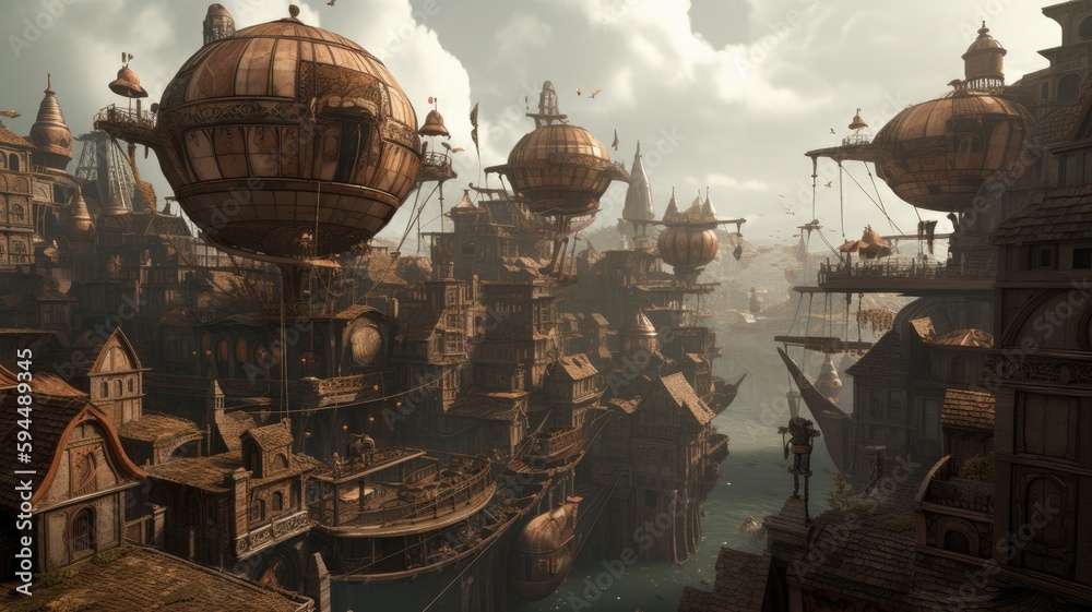 Steampunk city over water rendering, AI