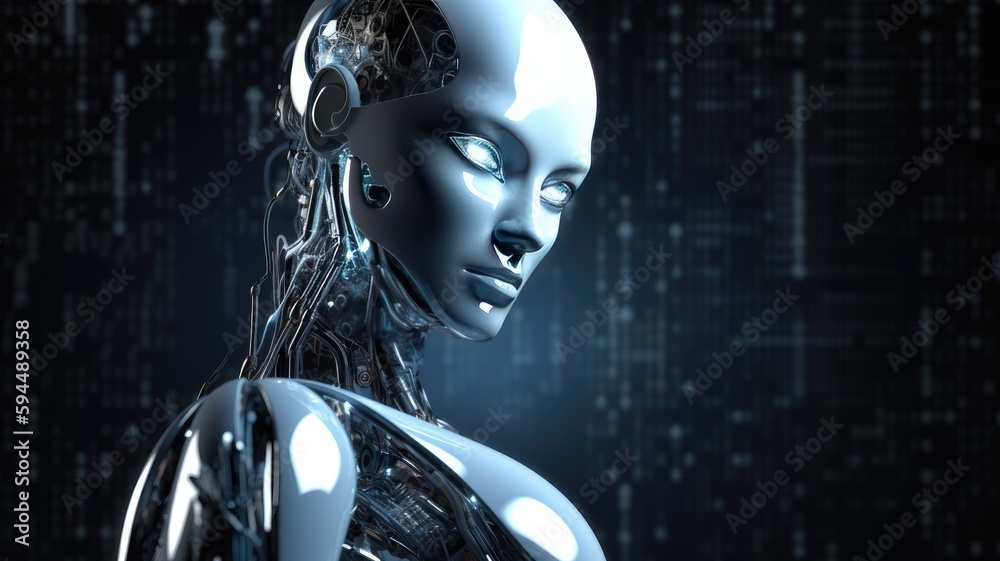 Artificial intelligent robot cyborg Humanoid robot face, futuristic modern tech chatbot assistance. Future digital technology AI artificial intelligence, AI