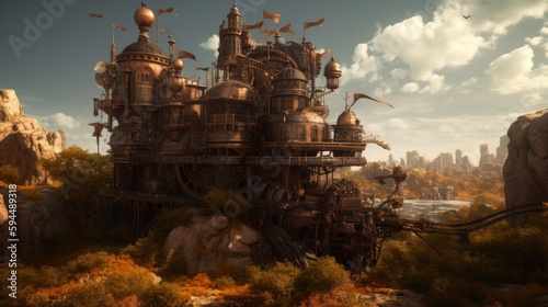 Steampunk factory rendering, steam factory, AI