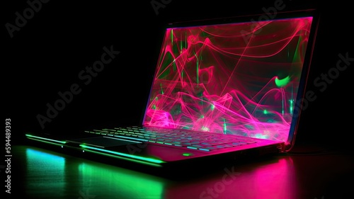 Neon laptop concept rendering, AI