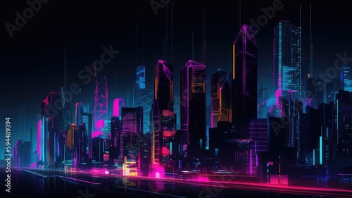 Neon cityscape background at night , downtown illustration, web banner, AI