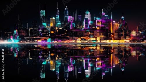 Neon cityscape background at night with reflection in the water  downtown illustration   AI