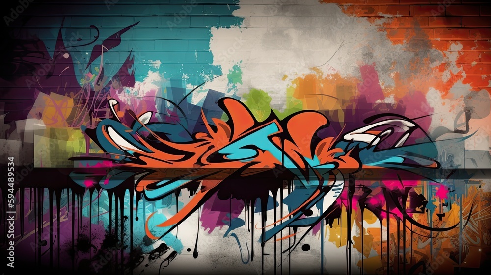 Fototapeta premium Graffiti wall art, street art background, colorful graffiti on urban wall as background texture design, AI