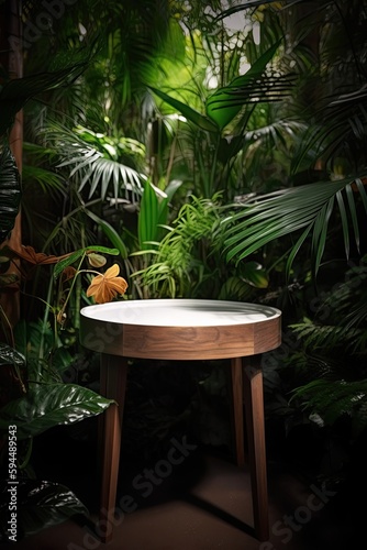 Interior table for a cosmetic item against the backdrop of tropical plants, palms and jungle, ideal for product placement and showcase on pedestal, AI