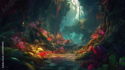 Fantasy colorful jungles concept painting  AI