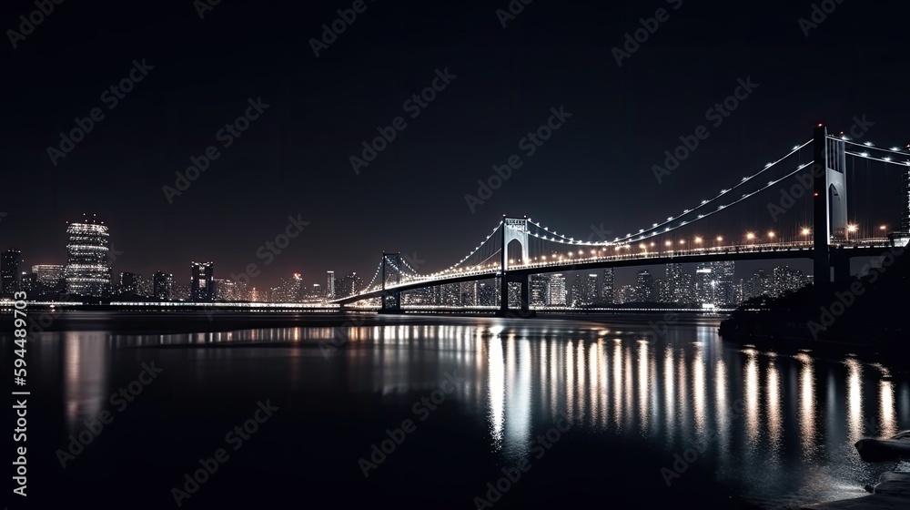 Bridge over a river in the city at night, city lights reflecting in the river, AI