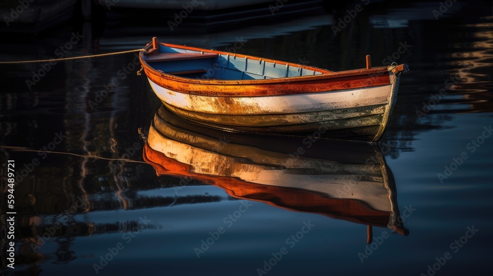 row boat floating on a reflecting lake, water is tranquil and reflects the surrounding, wallpaper, AI