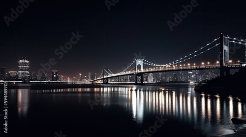 Bridge over a river in the city at night, city lights reflecting in the river, AI