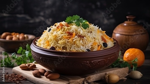 Biryani rice. dish in a bowl on a table, food shot, AI