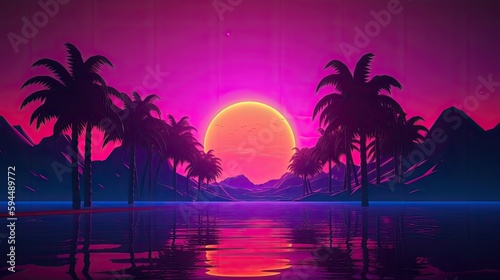 3d tropical sunset with island and palm trees 80's 90's retro landscape, AI © Michael