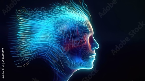 3d digital human face in abstract sound data wave flow, AI